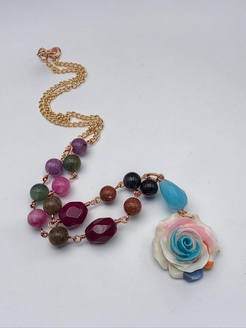 Multicolor Rose Pendant Necklace with Gold-Tone Chain Handmade